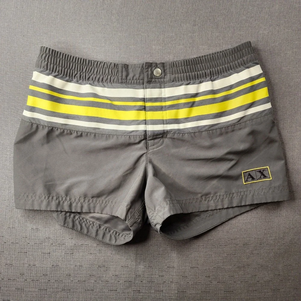 Armani Exchange Mens Gray Yellow Striped Swim Trunks Shorts Size Small AX Logo